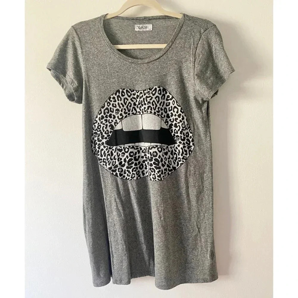 Lauren Moshi Dress Women’s Small Lips Animal Print Skulls Mini Gray Tunic